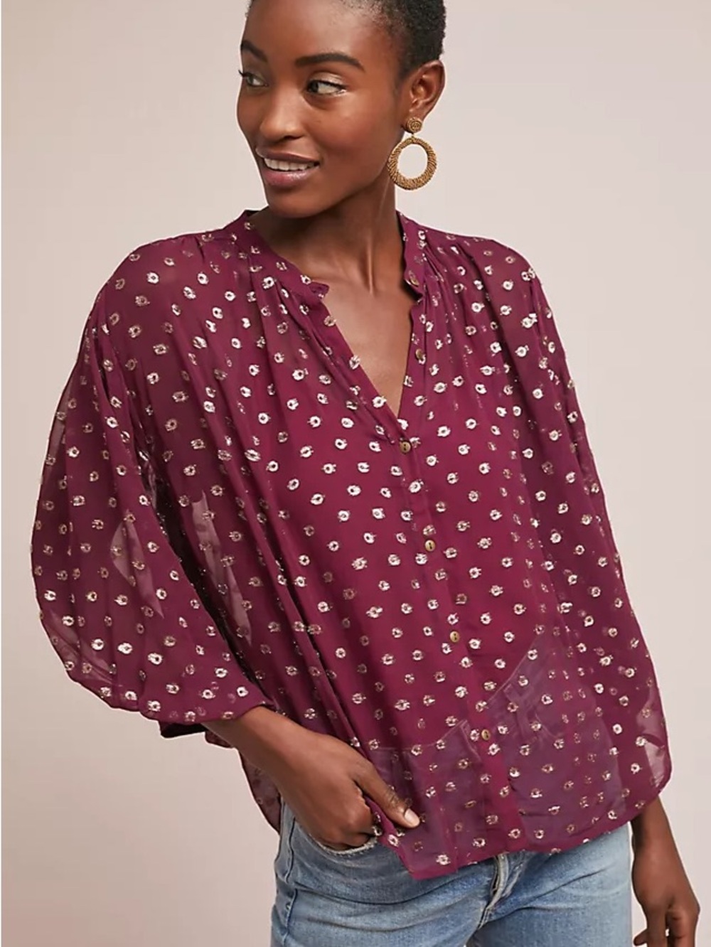 Anthro Moulinette Soeurs Allegra Foil Print Button Down Blouse XL Burgundy